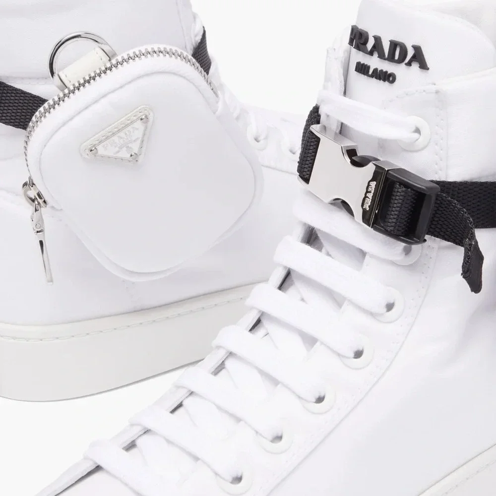 Authentic Prada Wheel Zipped-Pouch High Top Re-Nylon Trainers in White